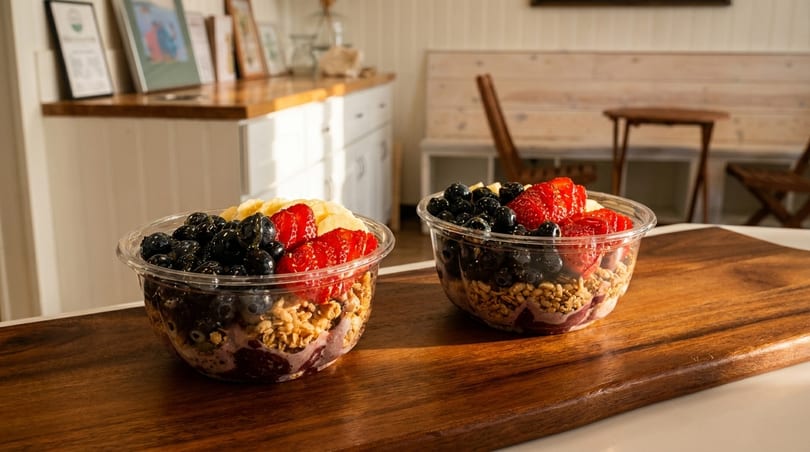 Two acai bowls with blueberries, strawberries, bananas, and granola on a wooden board.
