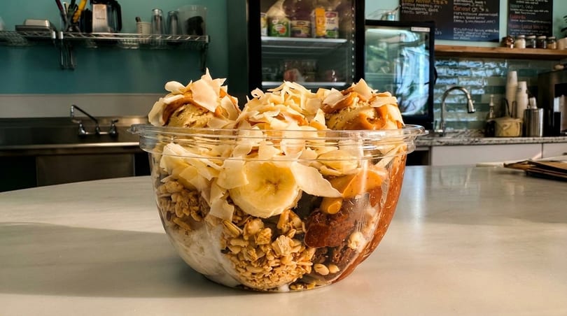 A large clear bowl of acai with granola, banana slices, coconut flakes, and caramel drizzle.
