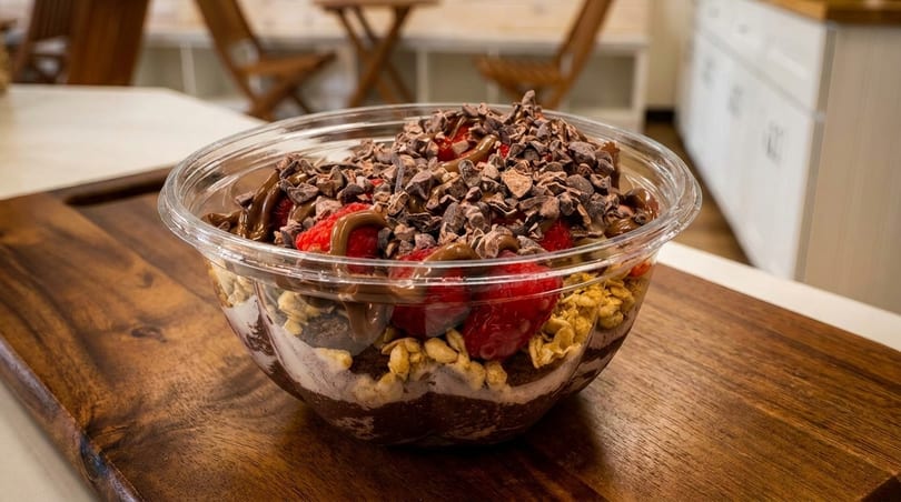 A chocolate acai bowl with raspberries, granola, chocolate drizzle, and cacao nibs on a wooden board.